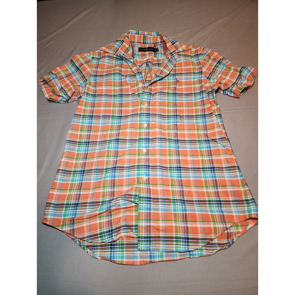 Ralph Lauren Mens Plaid Short Sleeve Button Down Shirt Orange Blue Green Size S